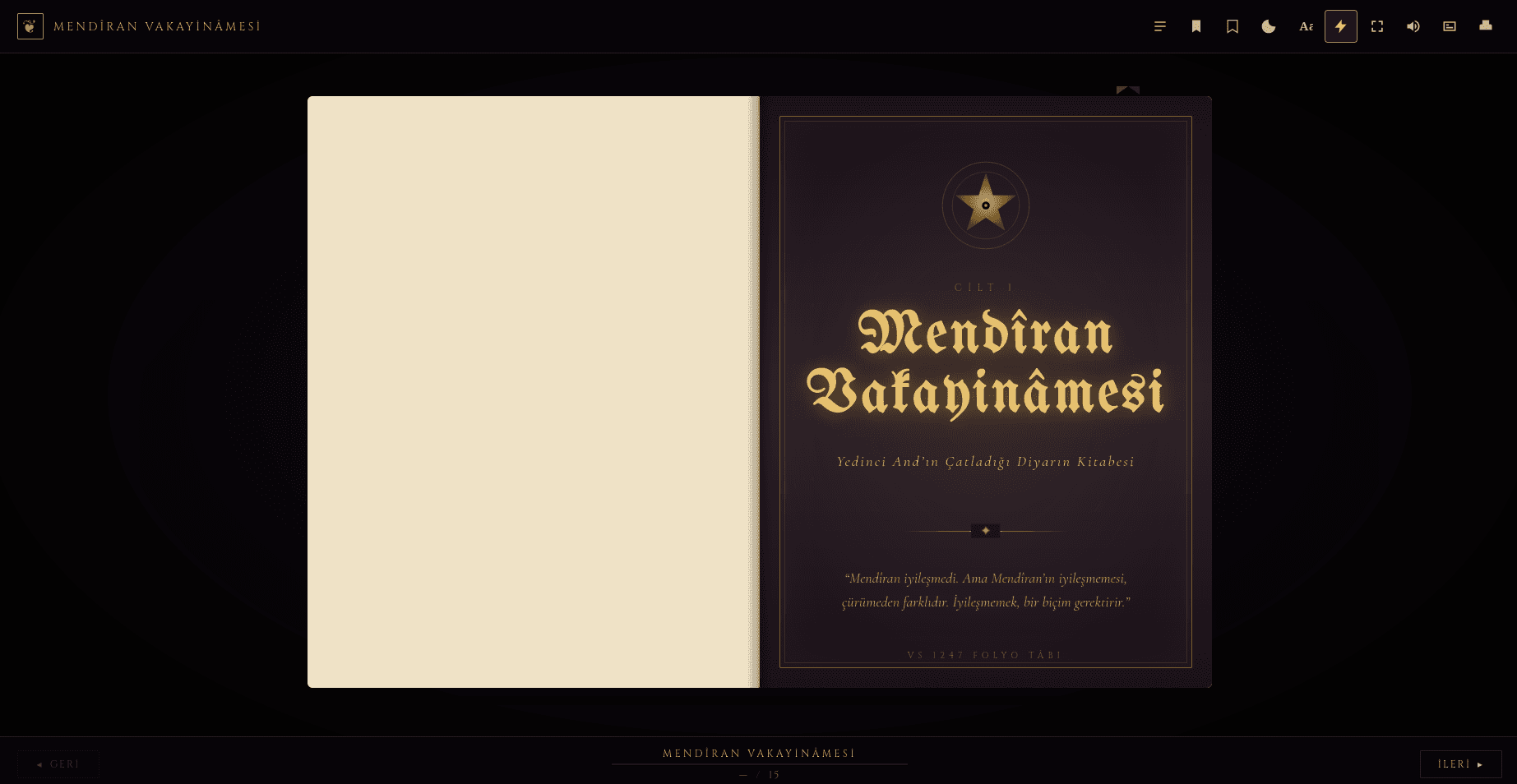 Mendîran Vakayinâmesi — cover spread
