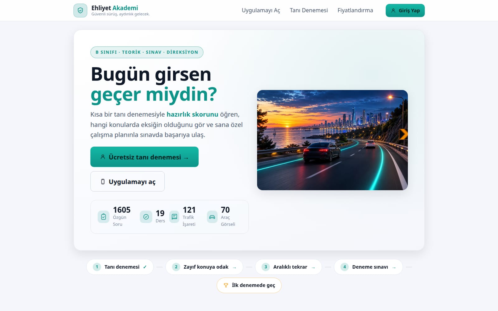 The Ehliyet Akademi home page: a diagnostic-test call to action beside counts of questions, lessons, traffic signs and vehicle images.